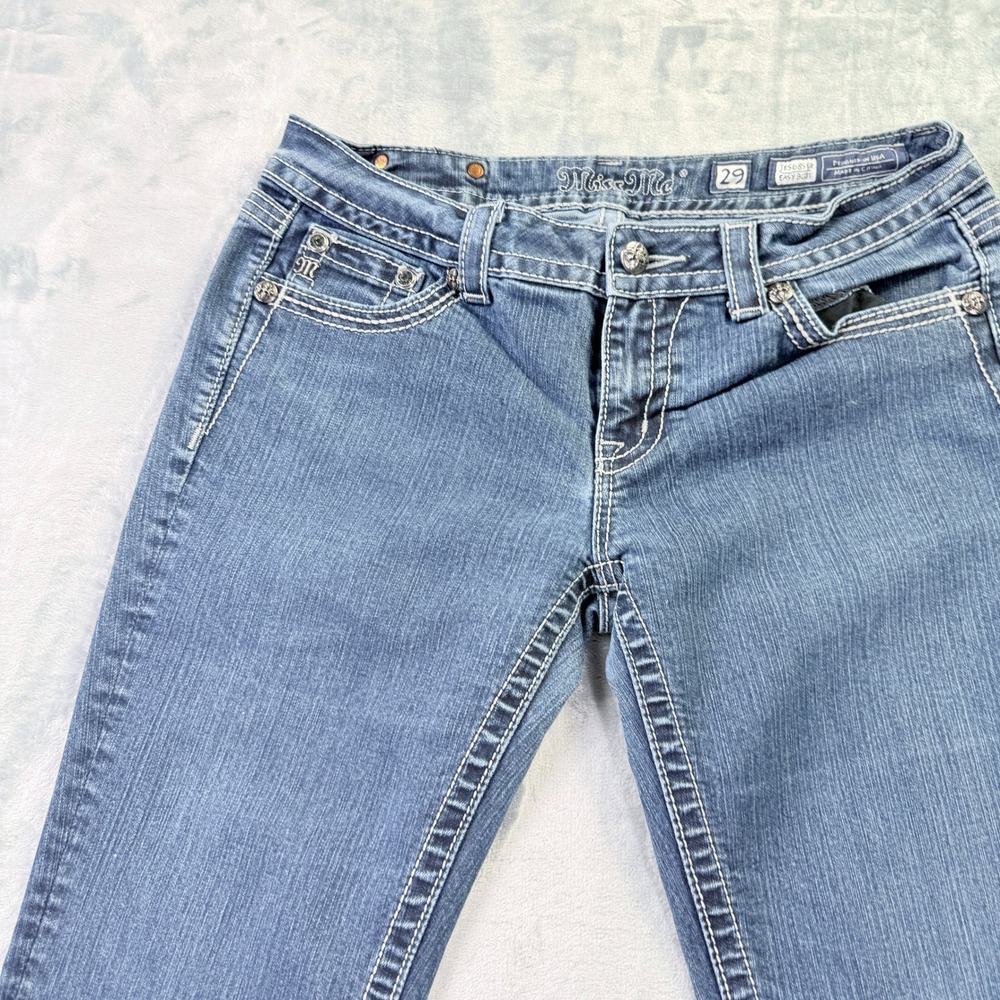 Miss Me Easy Boot Embellished Jeans Blue Medium Wash Studded Size 29 Fits 32"
